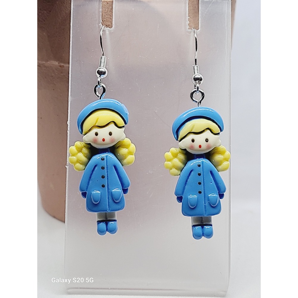 Handmade Blue Winter Girl Doll Resin Drop Earrings Yellow Pigtails Whimsical